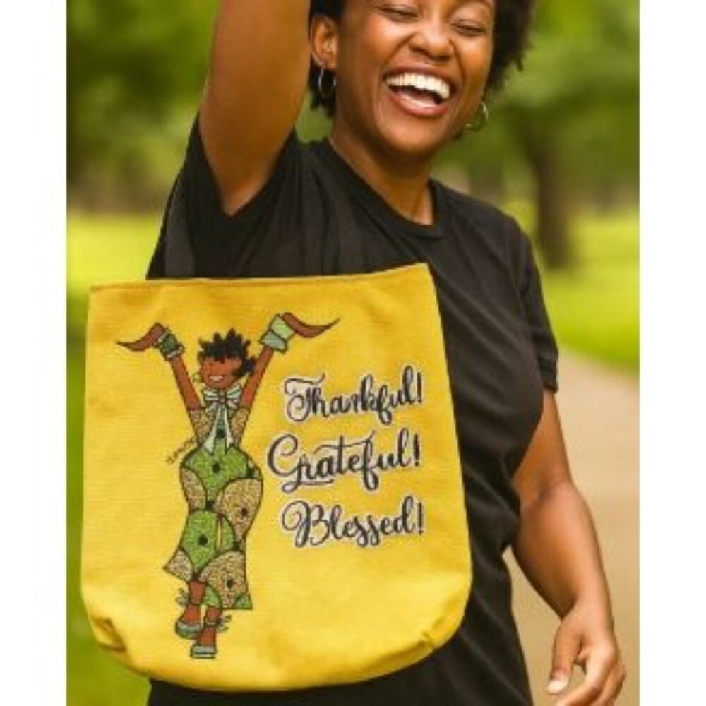 Thankful Grateful Blessed Tote Bag With Black Handles – Large   – Yellow & Black - Picture 11 of 11